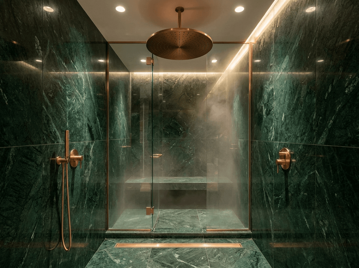 Walk-in shower with copper rain head after remodel